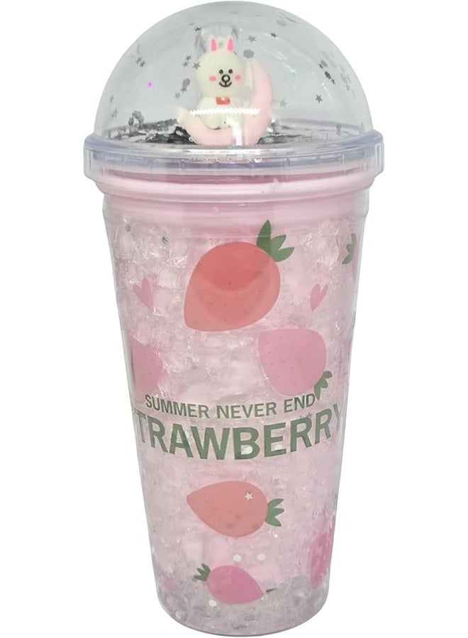 MINIIMODZ Kids Transparent Glitter Sipper 700ml Mason Jar Style Bottle with Straw & Toy | BPA-Free School Bottle | Picnic Tumbler for Toddlers (Pack Of 1) (PINK STRAWBERRY) - Image 1